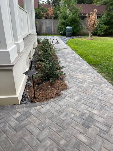 A neatly paved brick pathway runs alongside a house with white pillars in Baton Rouge. Small plants with mulch are planted along the edge of the path. The path curves towards a lawn with trimmed grass and a wooden fence in the background. An outdoor light is visible on the left, casting a soft glow.
