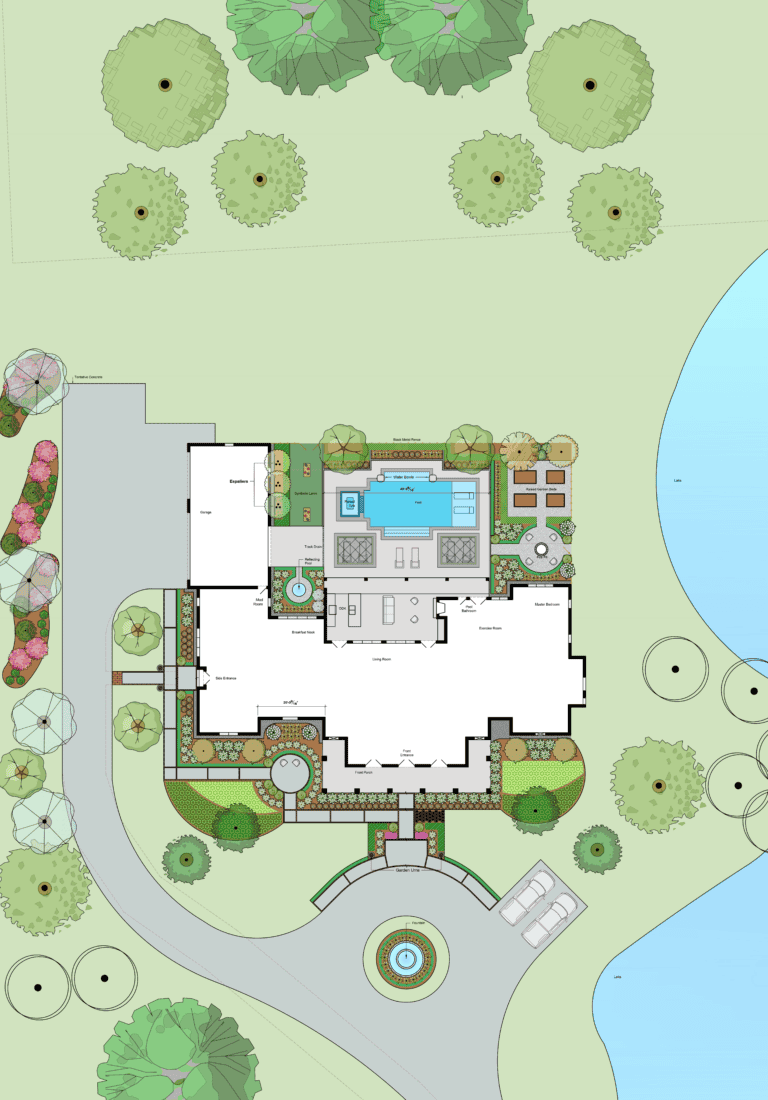 Landscape architect's rendering of a residential backyard design in Baton Rouge features area landscaping with a pool at the center, surrounded by patios, garden beds, trees, shrubs, a small pond on the right, and a circular driveway with a fountain at the entrance leading to the garage.