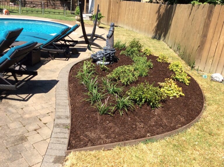 A landscaped garden bed with shrubs, mulch, and landscape border installation sits beside a pool, stone patio, and wooden fence on a sunny day.