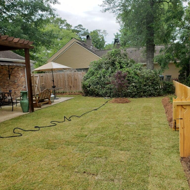 A well-maintained backyard with freshly laid natural sod, bordered by a wooden fence on the right and a patio on the left with a pergola and outdoor furniture. There's a garden hose lying on the grass, and trees and shrubs around the fenced area. The sky is cloudy, ideal for showcasing top-notch lawn care.