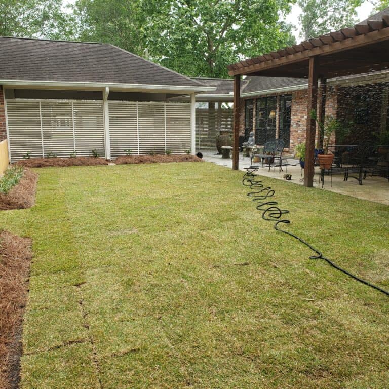 A freshly laid natural sod lawn in a backyard with a coiled garden hose on the grass. To the right, there is a pergola-covered patio with patio furniture. The backdrop includes a house with horizontal white slats and large windows, surrounded by lush trees.