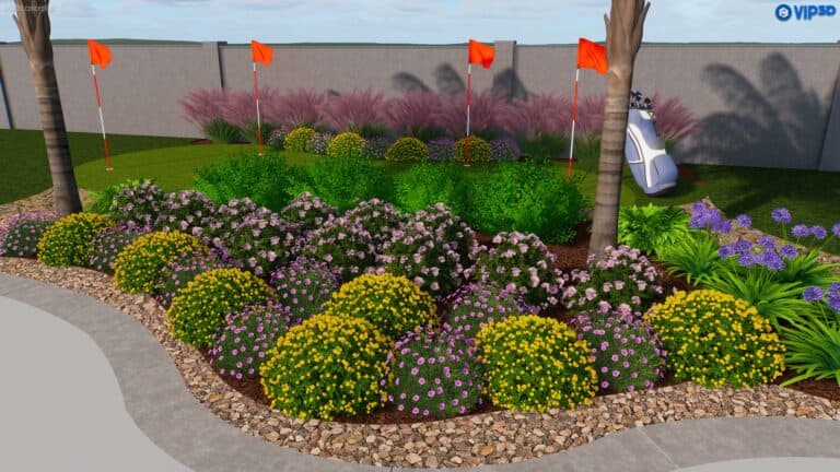 A colorful garden in Baton Rouge features a well-manicured hedge with yellow and pink flowers, surrounded by various plants and shrubs. Red flags on poles rise above the garden beds. A light gray bag is leaning against a stone wall in the background. The path, part of careful landscape design, is bordered by stones.