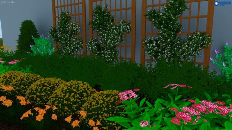 A lush garden featuring a variety of flowering plants, including pink and yellow blossoms, showcases the meticulous landscape design. Tall, leafy green bushes partially obscure the flowers in front of a windowed building in Baton Rouge. A tall shrub is visible in the background.