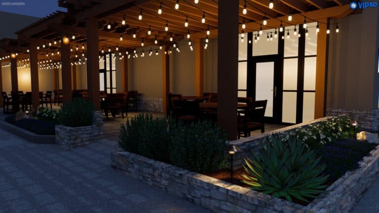 A cozy, dimly lit outdoor patio area with wooden tables and chairs is adorned with string lights. Expert landscape design features a small garden with neatly trimmed bushes and succulents lining the stone pathway to the entrance, which boasts large glass doors.