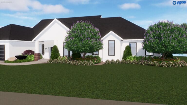 A modern white house with a black roof sits on a meticulously planned landscape, surrounded by green shrubs under a clear blue sky.