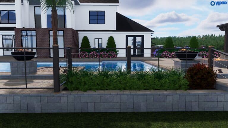 Modern house with a pool and expertly landscaped design. Paved area features planters, shrubs, railing, with trees against a cloudy sky backdrop.