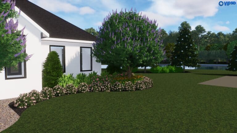 A landscaped garden features a white house, flowering shrubs, and a tree with purple blossoms. Thoughtful landscape design leads to the serene water beyond.