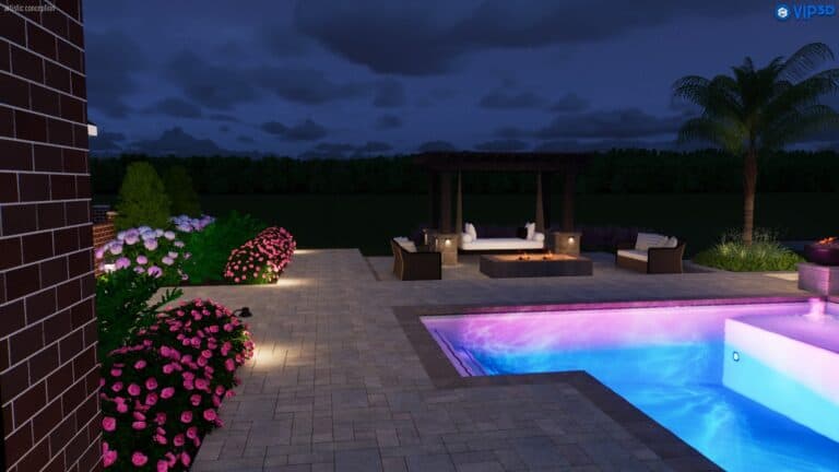 A nighttime scene of a backyard with a lit pool, flowering shrubs, and a pergola showcasing expert landscape design.