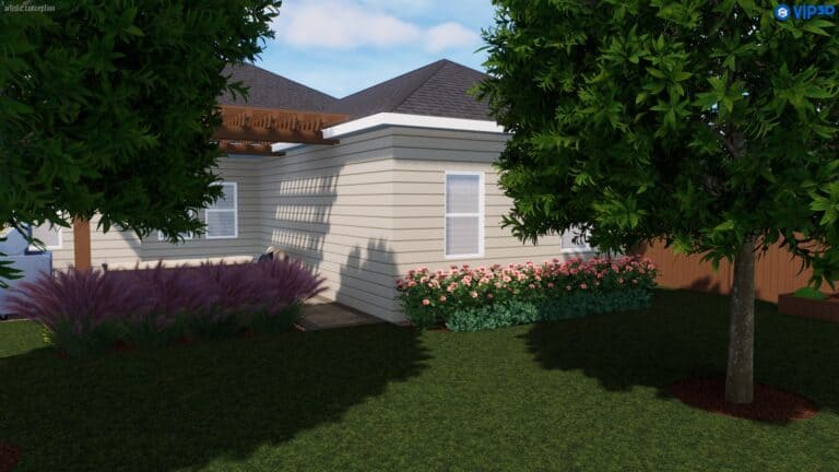Side view of a light-colored house with dark roof shingles, showcasing thoughtful landscape design with a wooden pergola, two lush trees, and neat shrubs.