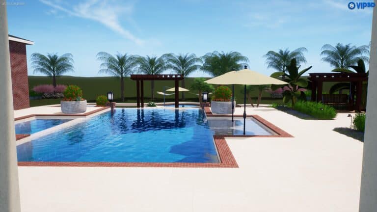 Swimming pool with a pergola, sun loungers, and beige umbrellas. Expert garden planning surrounds it with potted plants and palm trees against a blue sky.
