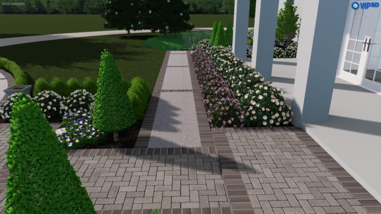 A brick-paved garden path, flanked by manicured shrubs, leads to a white building with columns—an exquisite example of landscape design.