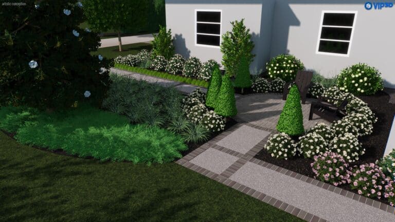 A garden path, crafted with impeccable landscape design, features neatly trimmed shrubs and vibrant flowers leading to a white building with windows.