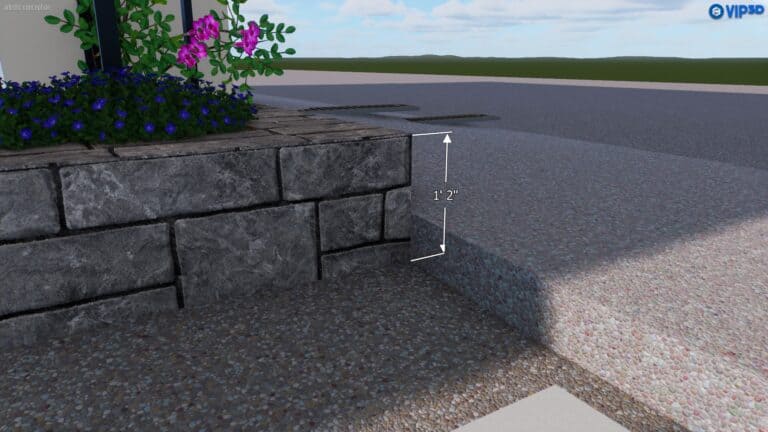 Stone retaining wall with purple and pink flowers, showcasing expert landscape design, next to a concrete sidewalk with a 1-foot-2-inch height difference.