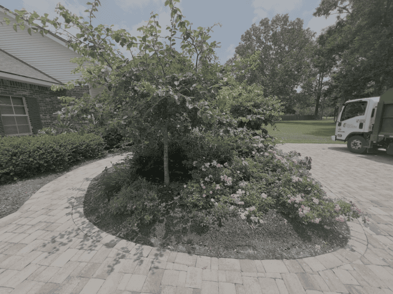 A round garden bed with a tree and flowering plants is surrounded by a hardscape driveway. A truck is visible to the right.